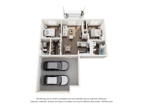 Floor plan for 2 beds, 2 baths, 987 sqft